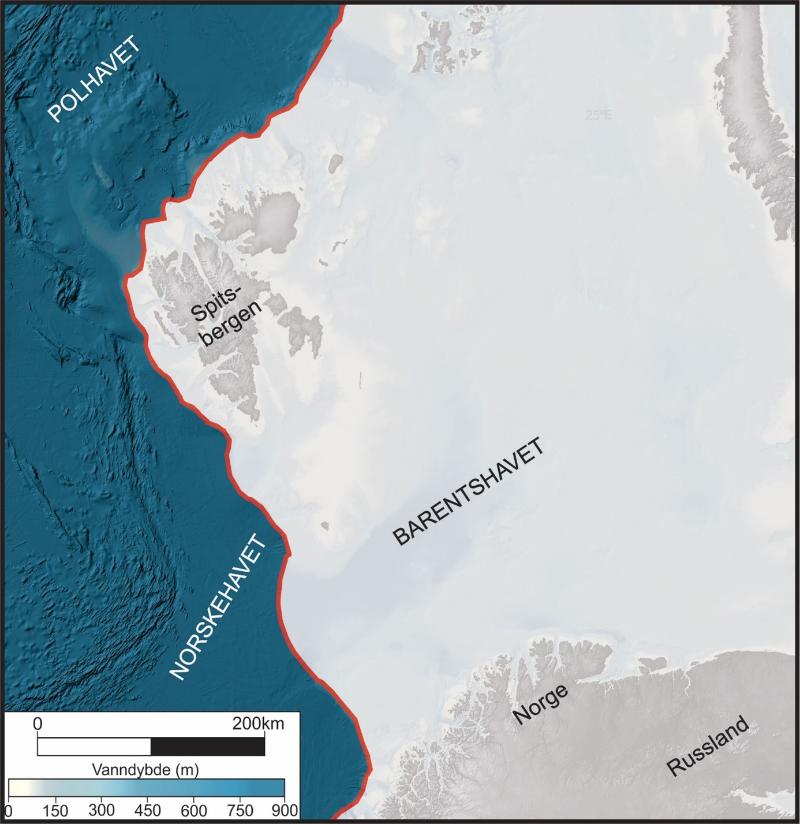 Figur 3: Kart over Svalbard og Barentshavet som viser maksimal utstrekningen (rød kant) av isdekket da det var på det største under siste istid